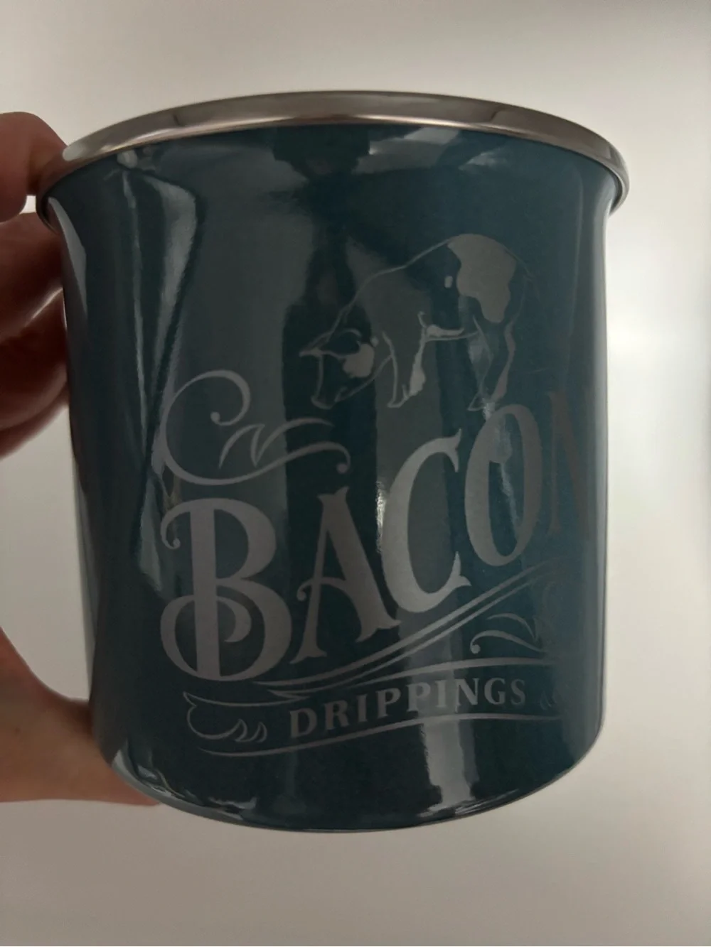 Bacon Drippings Storage Can Teal/Blue Pig Enamel on Steel. Handwash only. 4”x4”